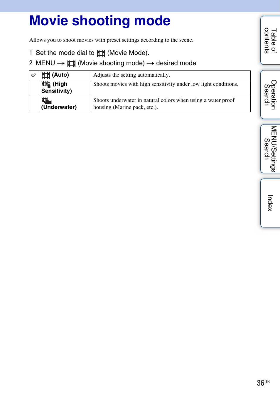 Movie shooting mode | Sony DSC-W290 User Manual | Page 36 / 145