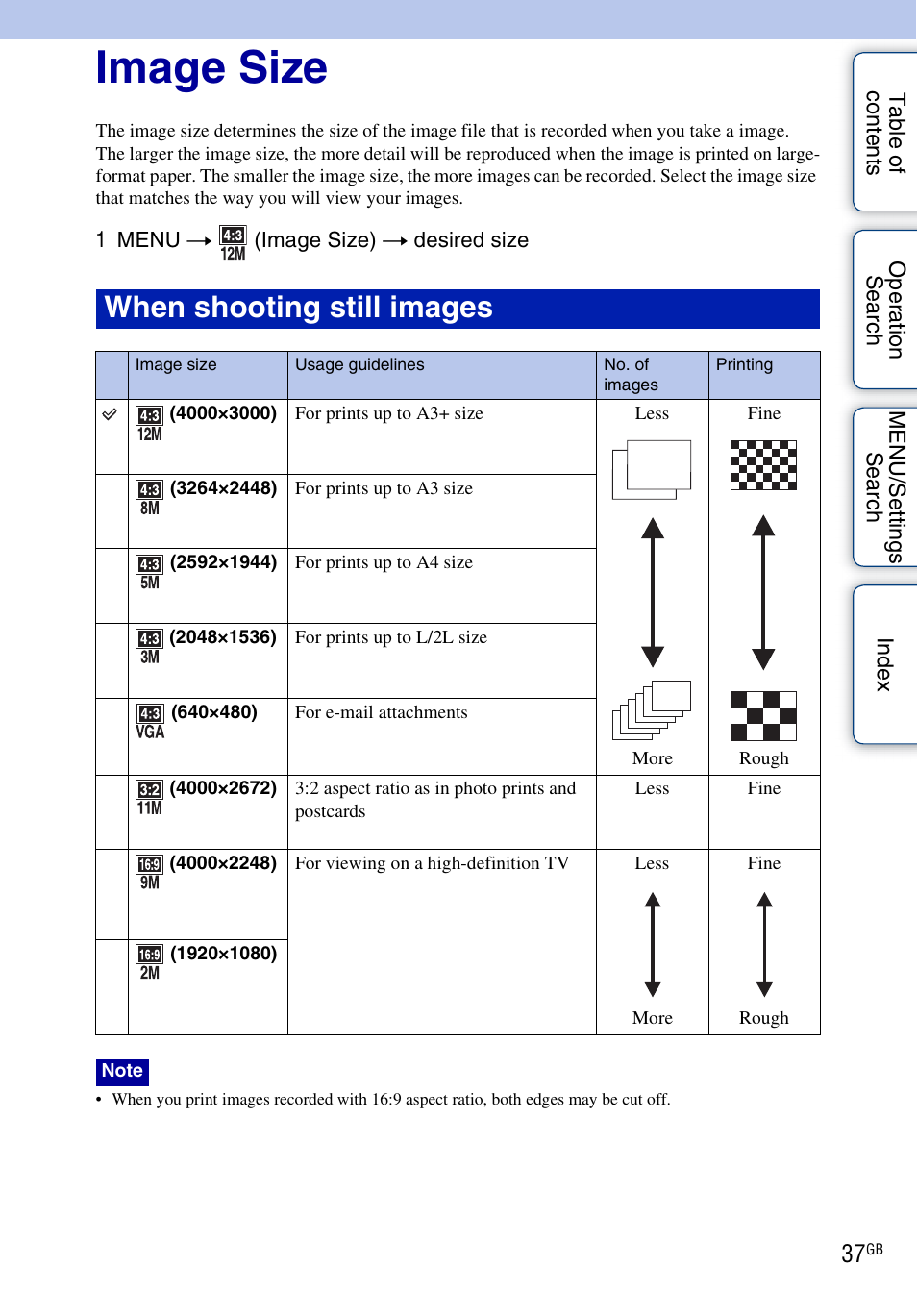 Image size, When shooting still images | Sony DSC-W290 User Manual | Page 37 / 145