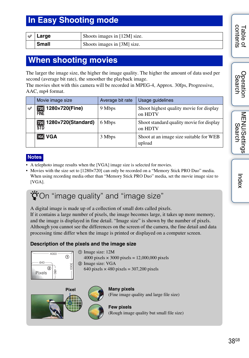 When shooting movies, On “image quality” and “image size | Sony DSC-W290 User Manual | Page 38 / 145