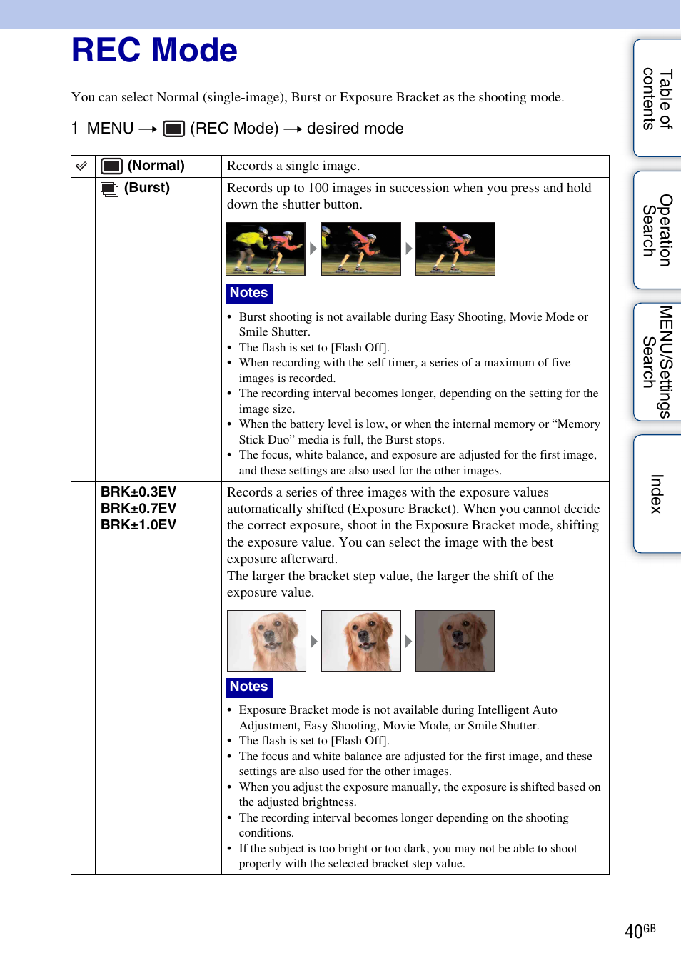 Rec mode | Sony DSC-W290 User Manual | Page 40 / 145