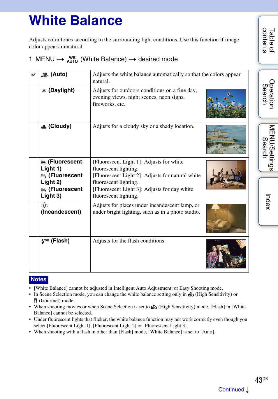 White balance | Sony DSC-W290 User Manual | Page 43 / 145