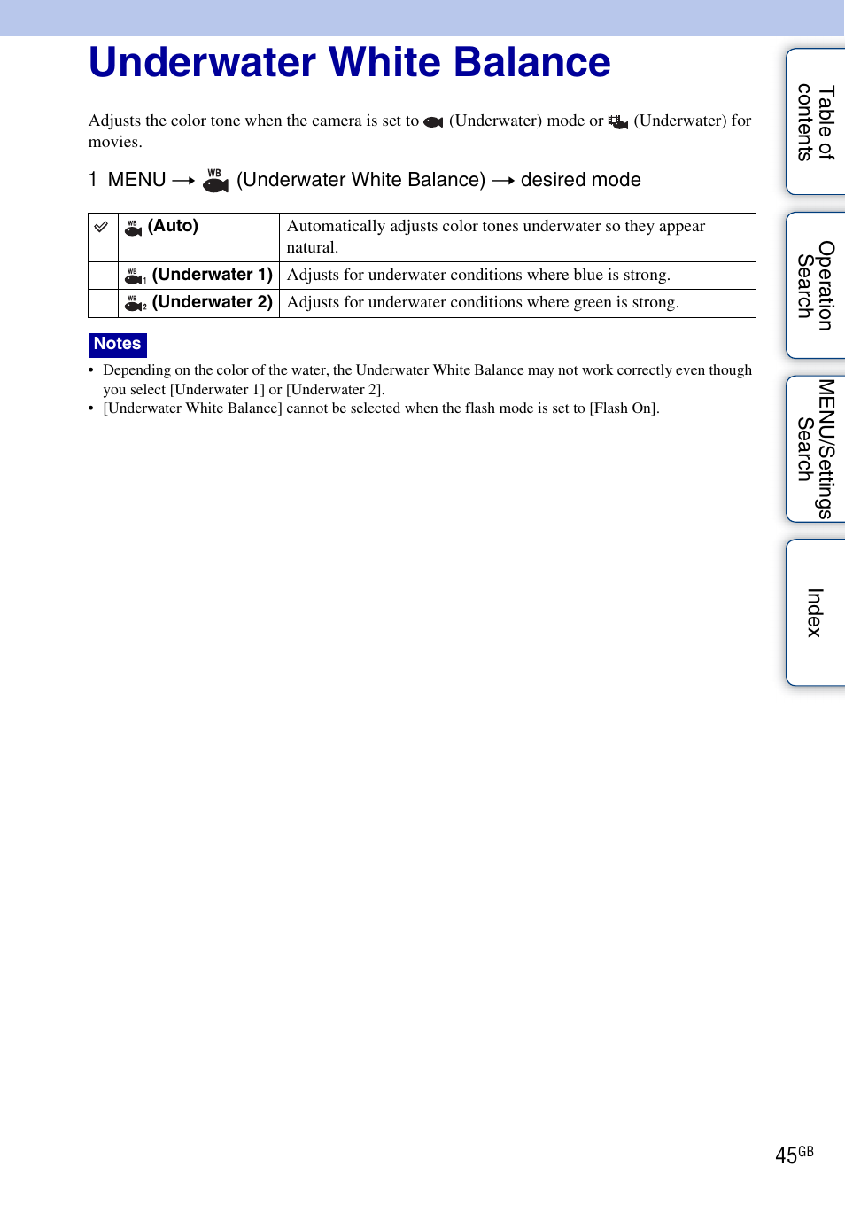 Underwater white balance | Sony DSC-W290 User Manual | Page 45 / 145