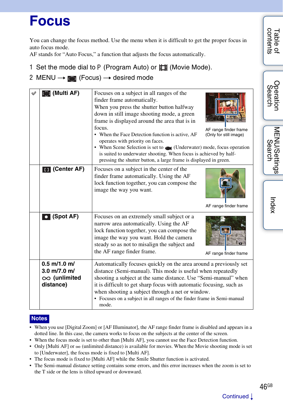 Focus | Sony DSC-W290 User Manual | Page 46 / 145