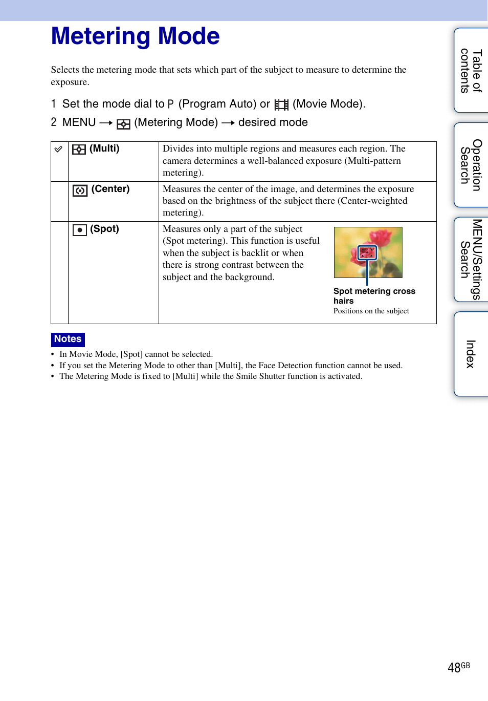 Metering mode | Sony DSC-W290 User Manual | Page 48 / 145