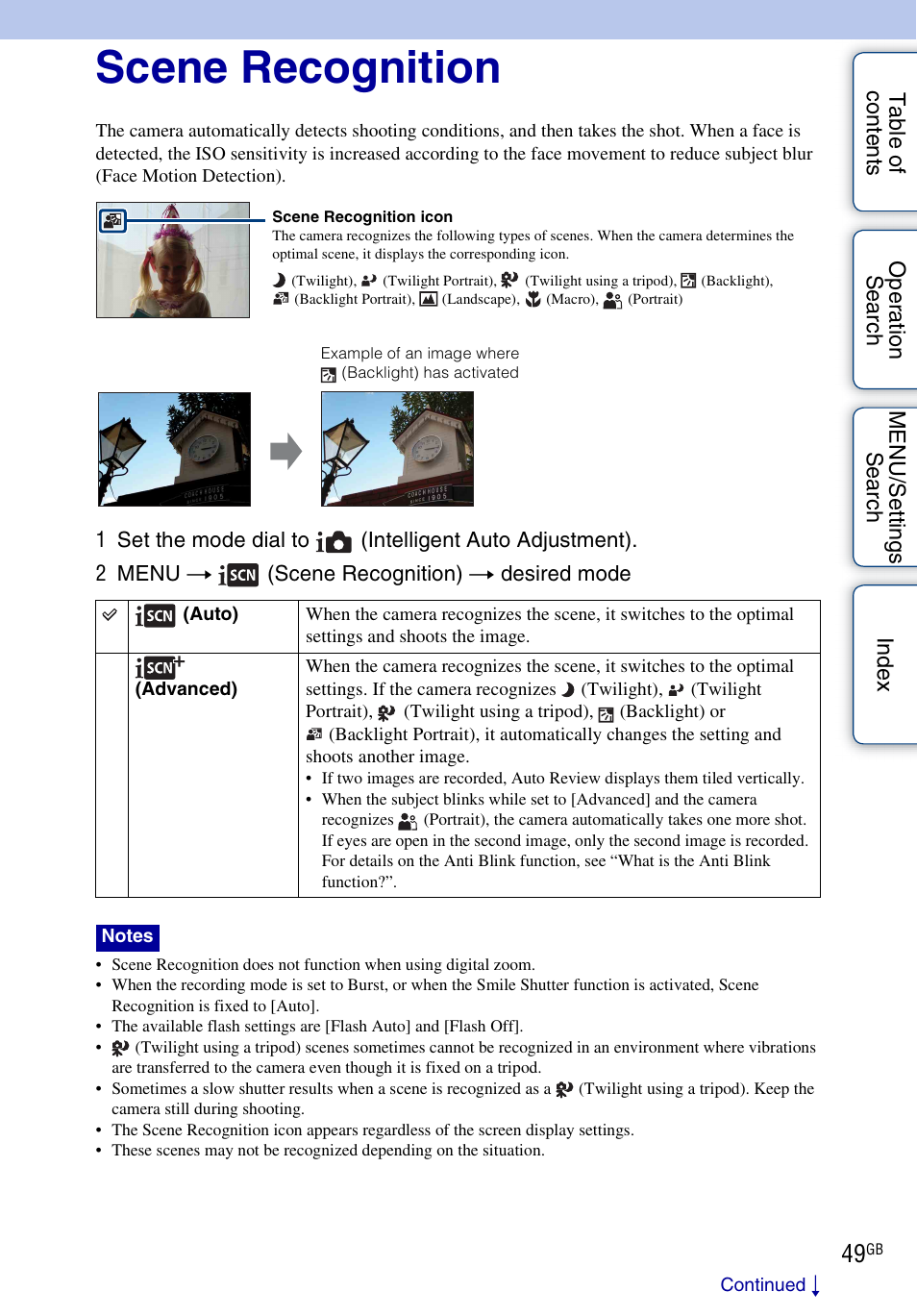 Scene recognition | Sony DSC-W290 User Manual | Page 49 / 145