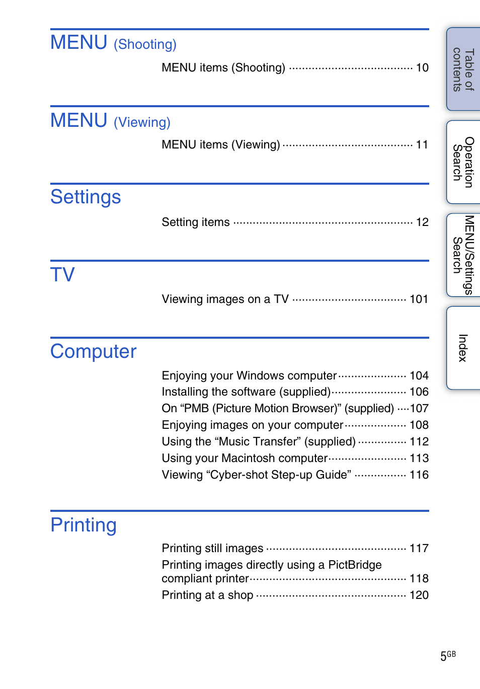 Menu, Settings, Computer | Printing | Sony DSC-W290 User Manual | Page 5 / 145