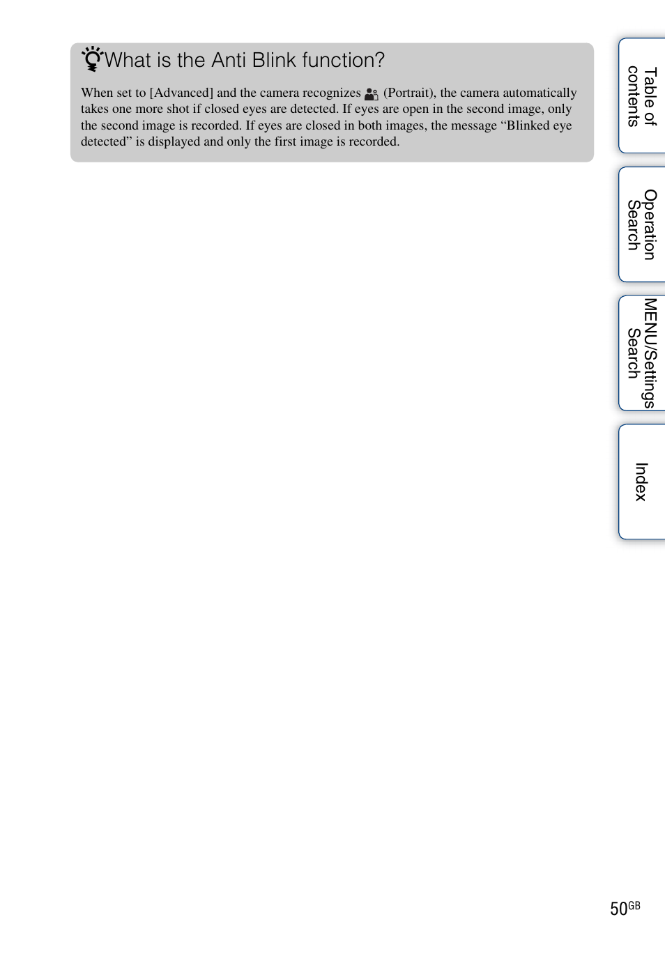 What is the anti blink function | Sony DSC-W290 User Manual | Page 50 / 145