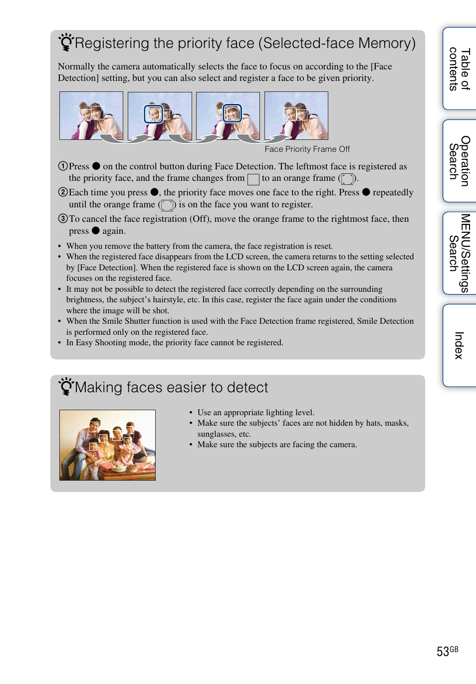 Making faces easier to detect | Sony DSC-W290 User Manual | Page 53 / 145