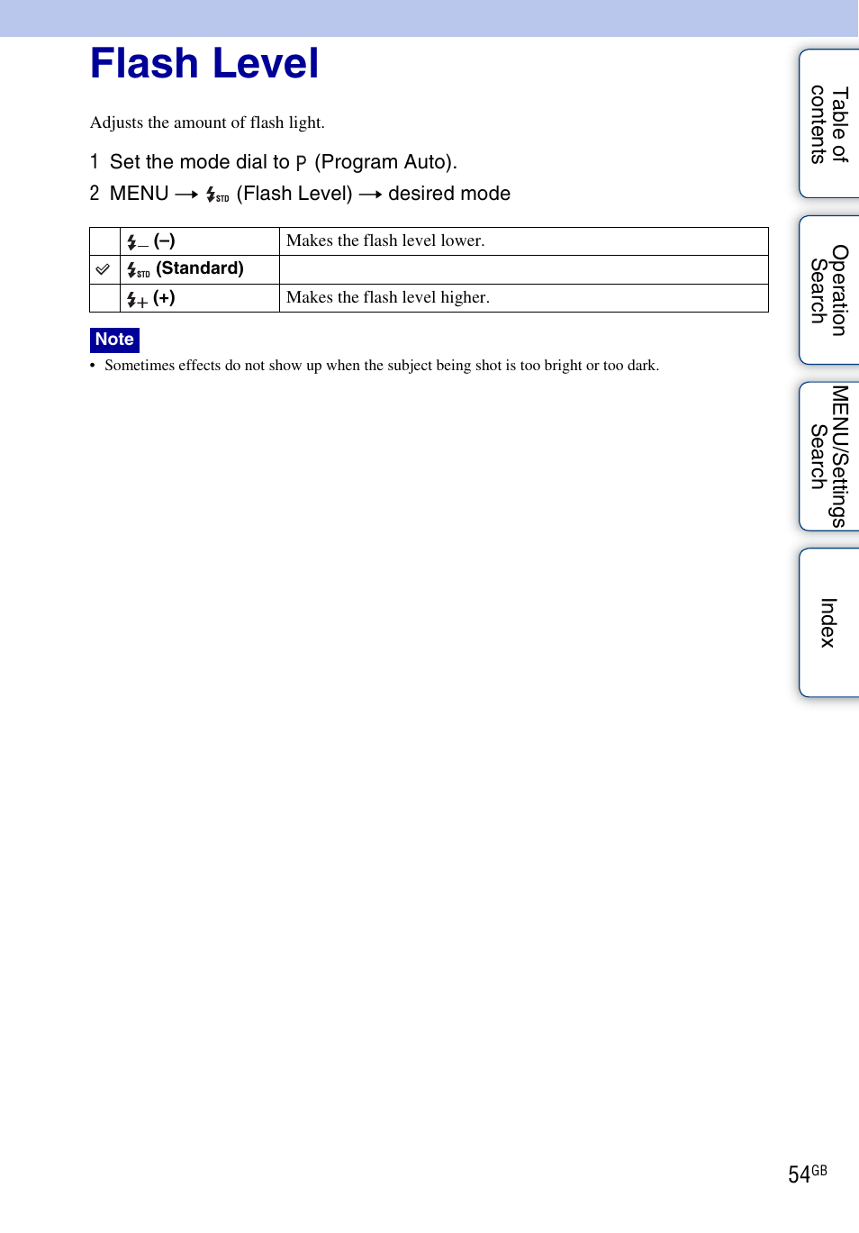 Flash level | Sony DSC-W290 User Manual | Page 54 / 145