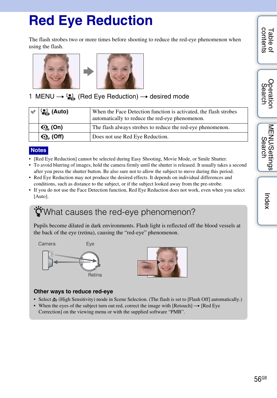 Red eye reduction, What causes the red-eye phenomenon | Sony DSC-W290 User Manual | Page 56 / 145