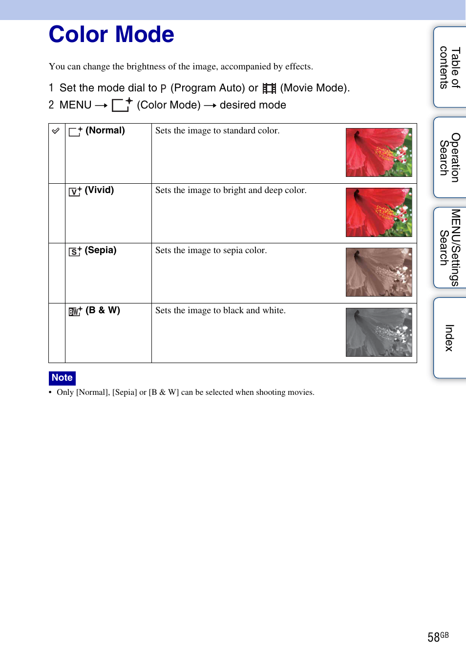 Color mode | Sony DSC-W290 User Manual | Page 58 / 145