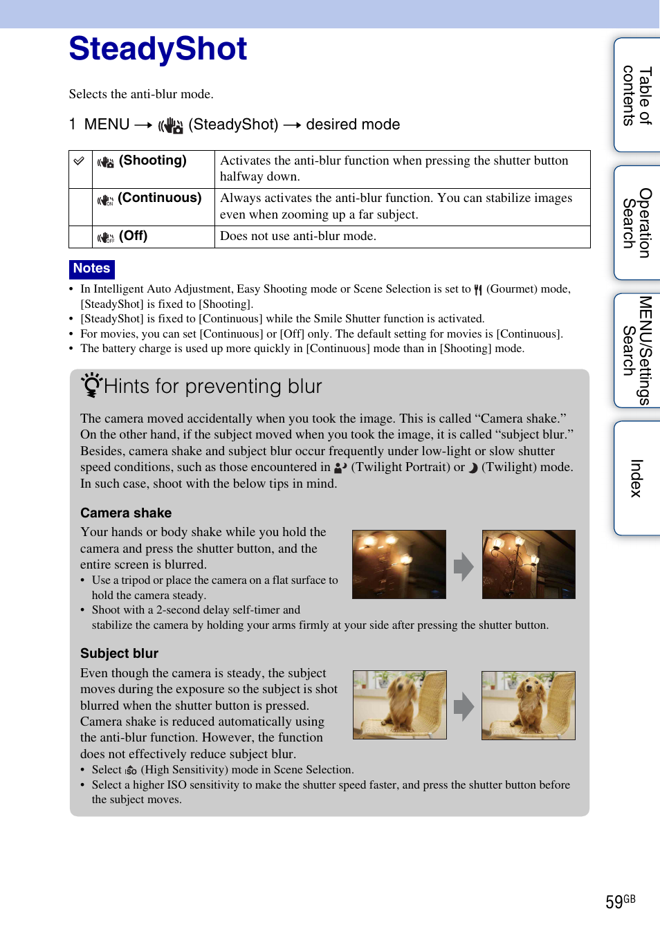 Steadyshot, Hints for preventing blur | Sony DSC-W290 User Manual | Page 59 / 145