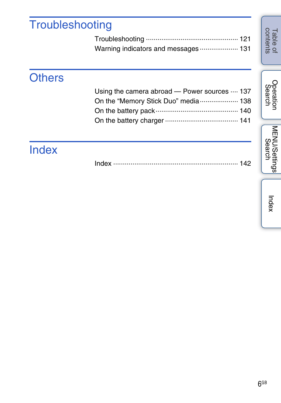 Troubleshooting, Others, Index | Sony DSC-W290 User Manual | Page 6 / 145