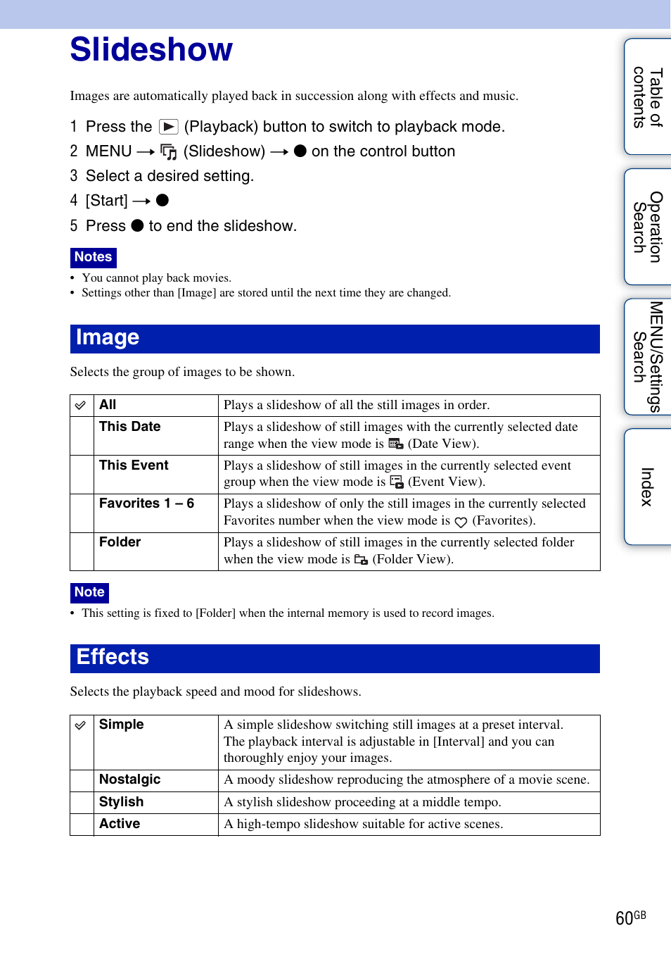 Slideshow, Image, Effects | Sony DSC-W290 User Manual | Page 60 / 145