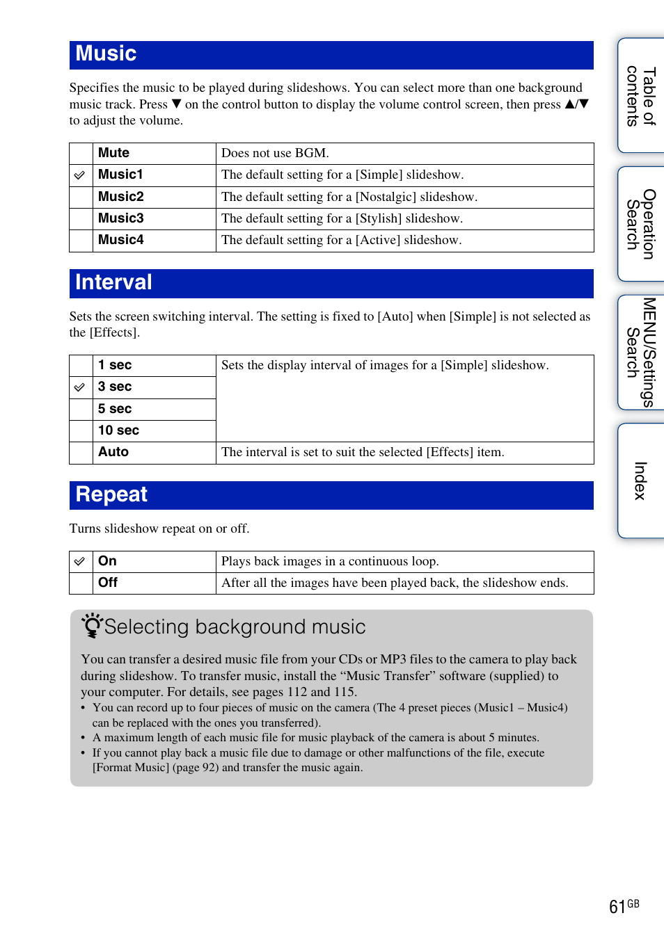 Music, Interval, Repeat | Selecting background music | Sony DSC-W290 User Manual | Page 61 / 145