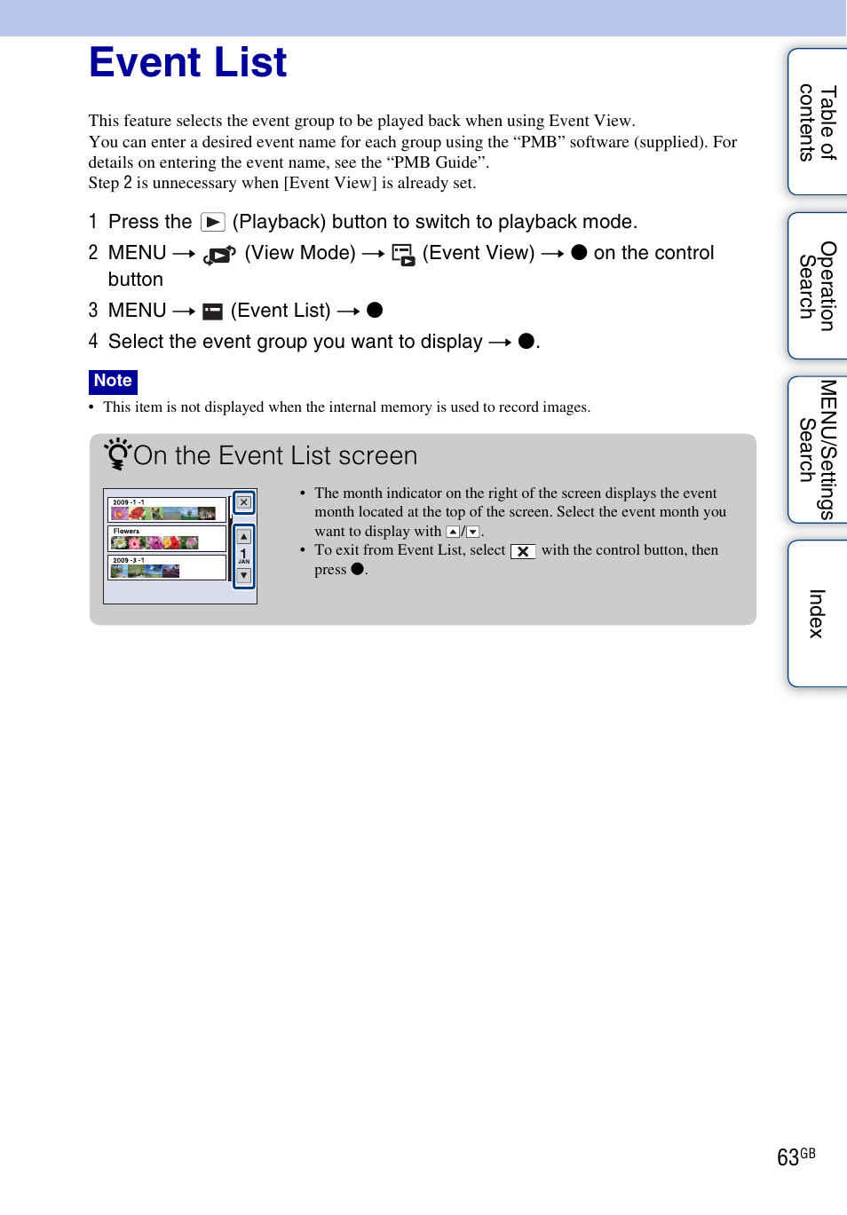 Event list, On the event list screen | Sony DSC-W290 User Manual | Page 63 / 145