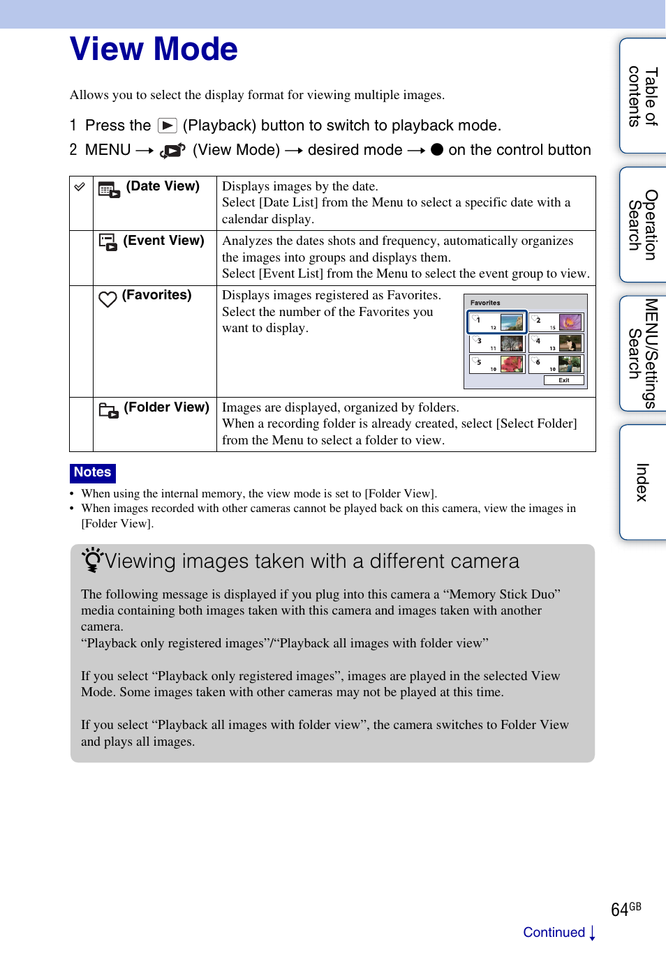 View mode, View mode), Viewing images taken with a different camera | Sony DSC-W290 User Manual | Page 64 / 145