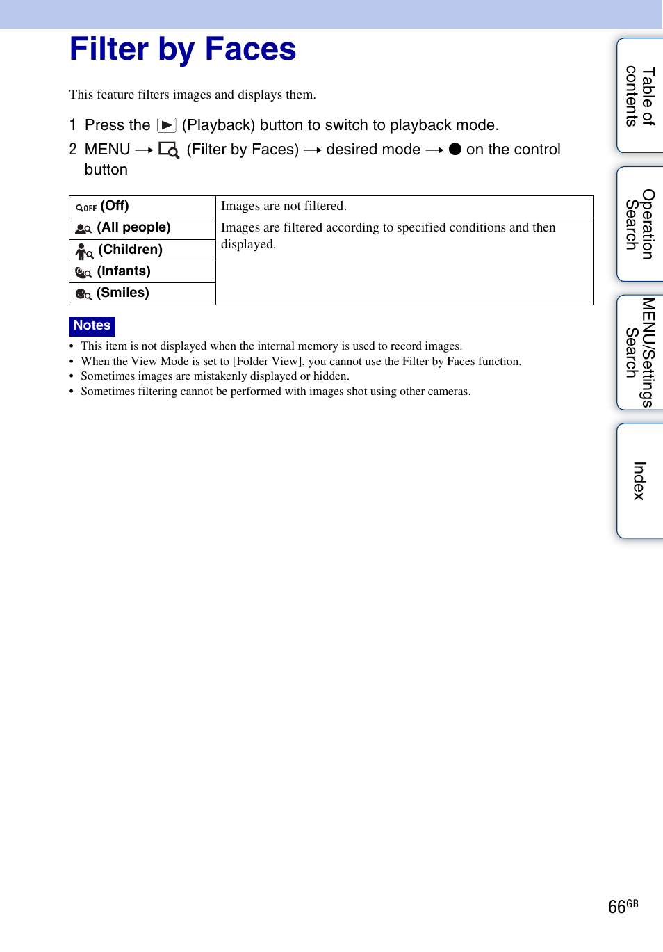 Filter by faces, Filter by faces) | Sony DSC-W290 User Manual | Page 66 / 145