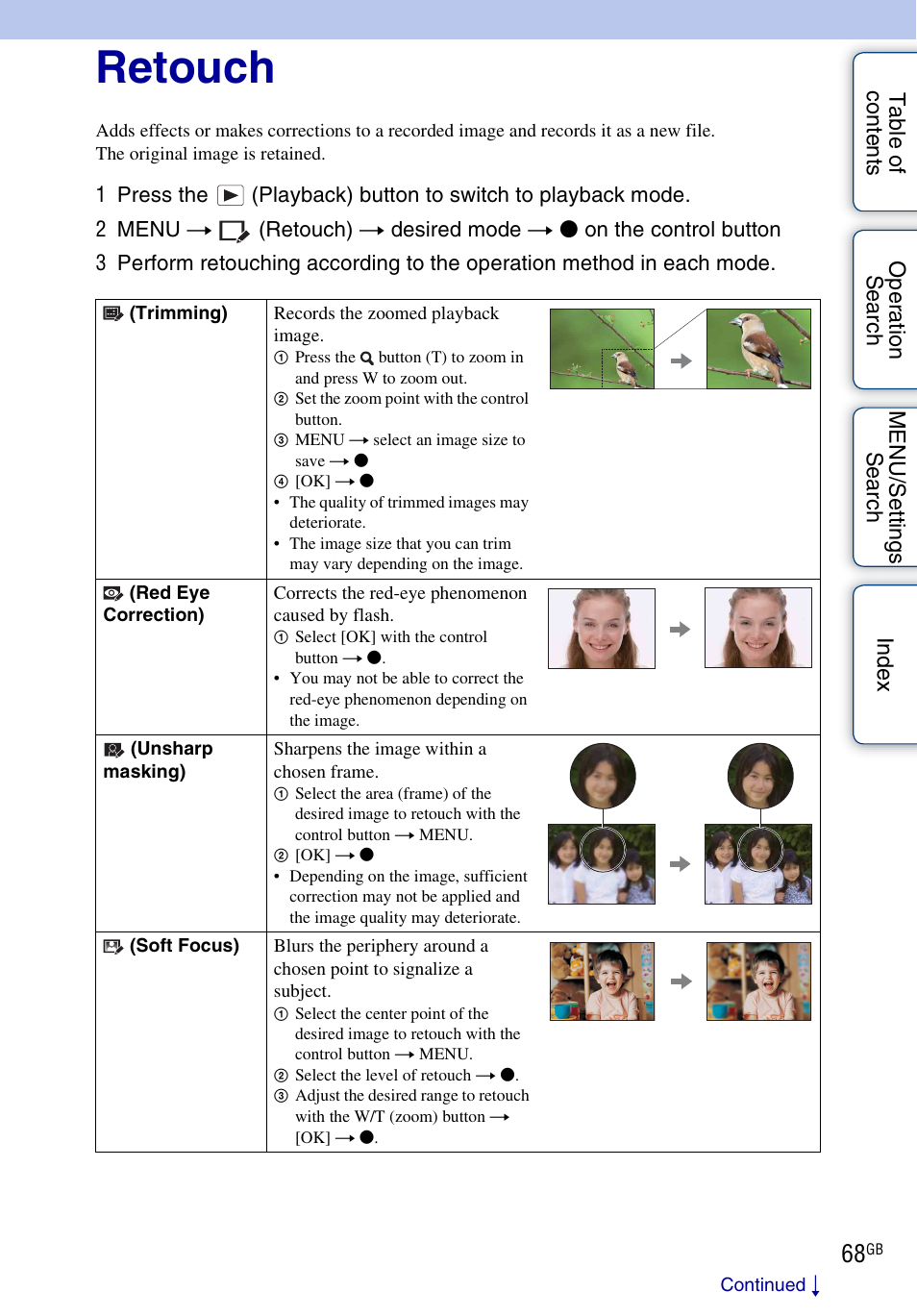 Retouch | Sony DSC-W290 User Manual | Page 68 / 145