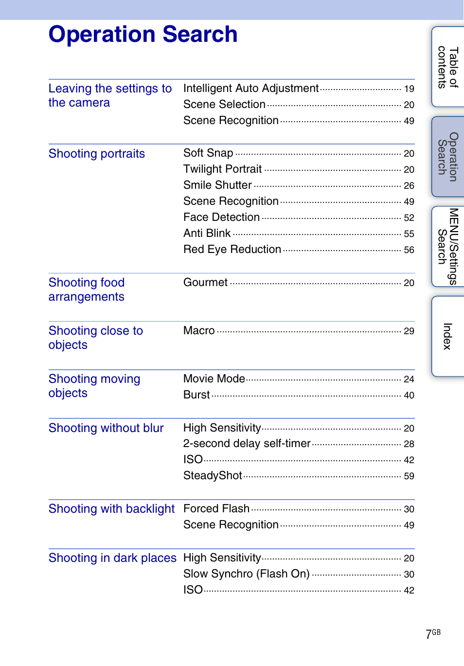 Operation search, Perat, Earc | Sony DSC-W290 User Manual | Page 7 / 145