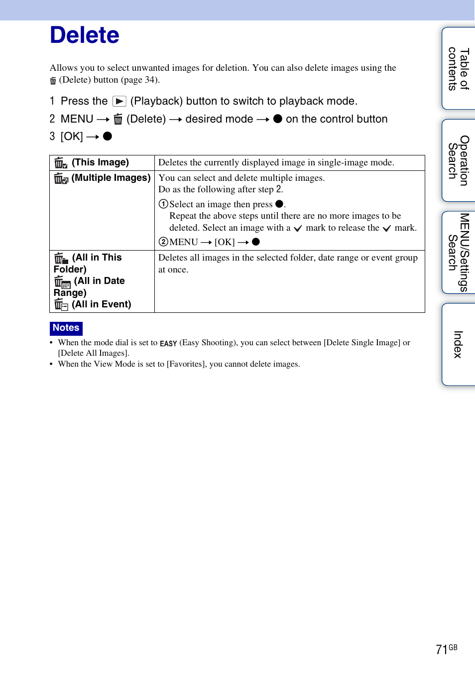 Delete, Delete) | Sony DSC-W290 User Manual | Page 71 / 145