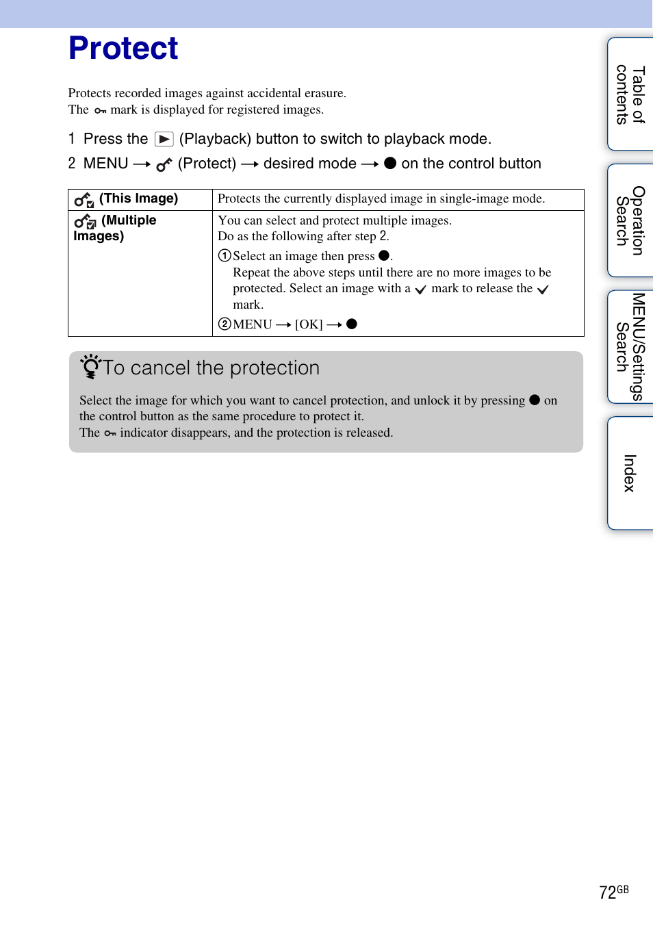 Protect, Protect) | Sony DSC-W290 User Manual | Page 72 / 145