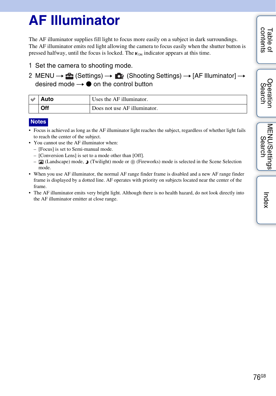 Af illuminator | Sony DSC-W290 User Manual | Page 76 / 145