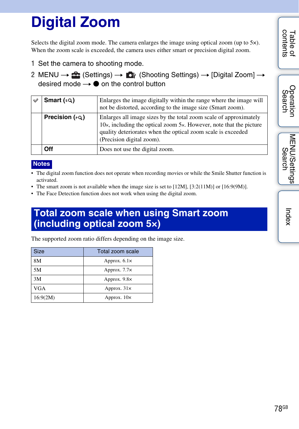 Digital zoom | Sony DSC-W290 User Manual | Page 78 / 145