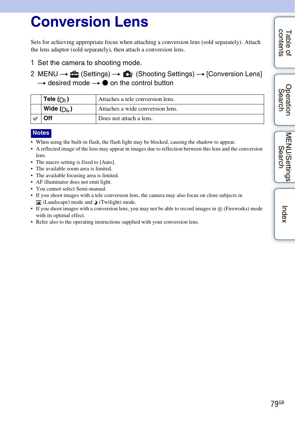 Conversion lens | Sony DSC-W290 User Manual | Page 79 / 145