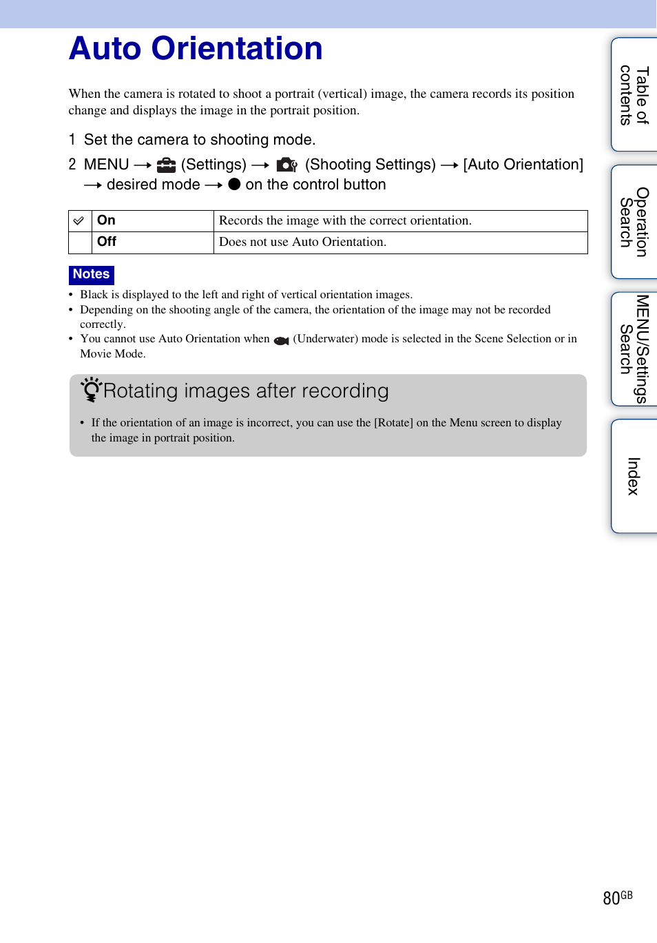 Auto orientation, Rotating images after recording | Sony DSC-W290 User Manual | Page 80 / 145