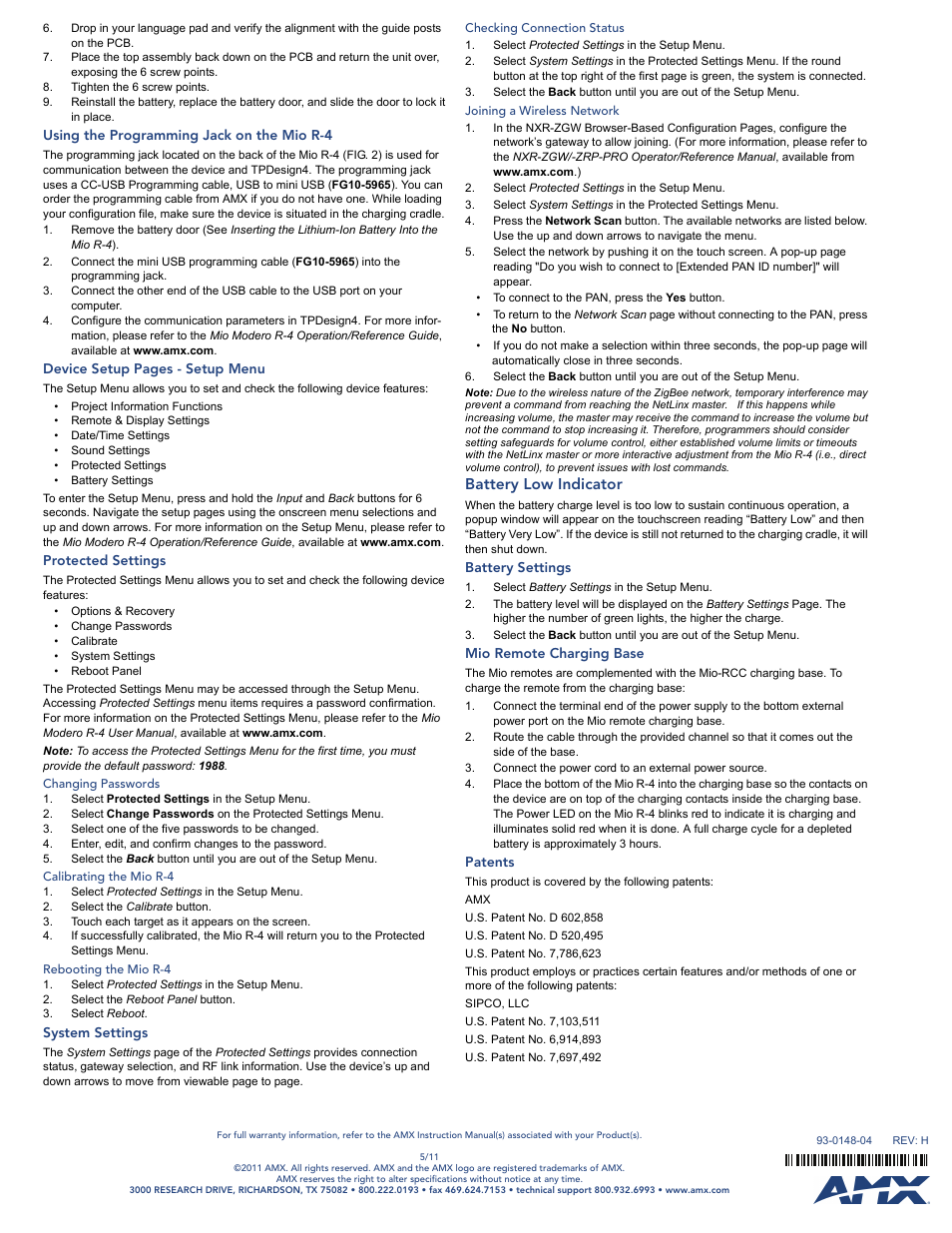 Using the programming jack on the mio r-4, Protected settings, Changing passwords | Calibrating the mio r-4, Rebooting the mio r-4, System settings, Checking connection status, Joining a wireless network, Battery low indicator, Battery settings | AMX Mio Modero FG148-04 User Manual | Page 2 / 2