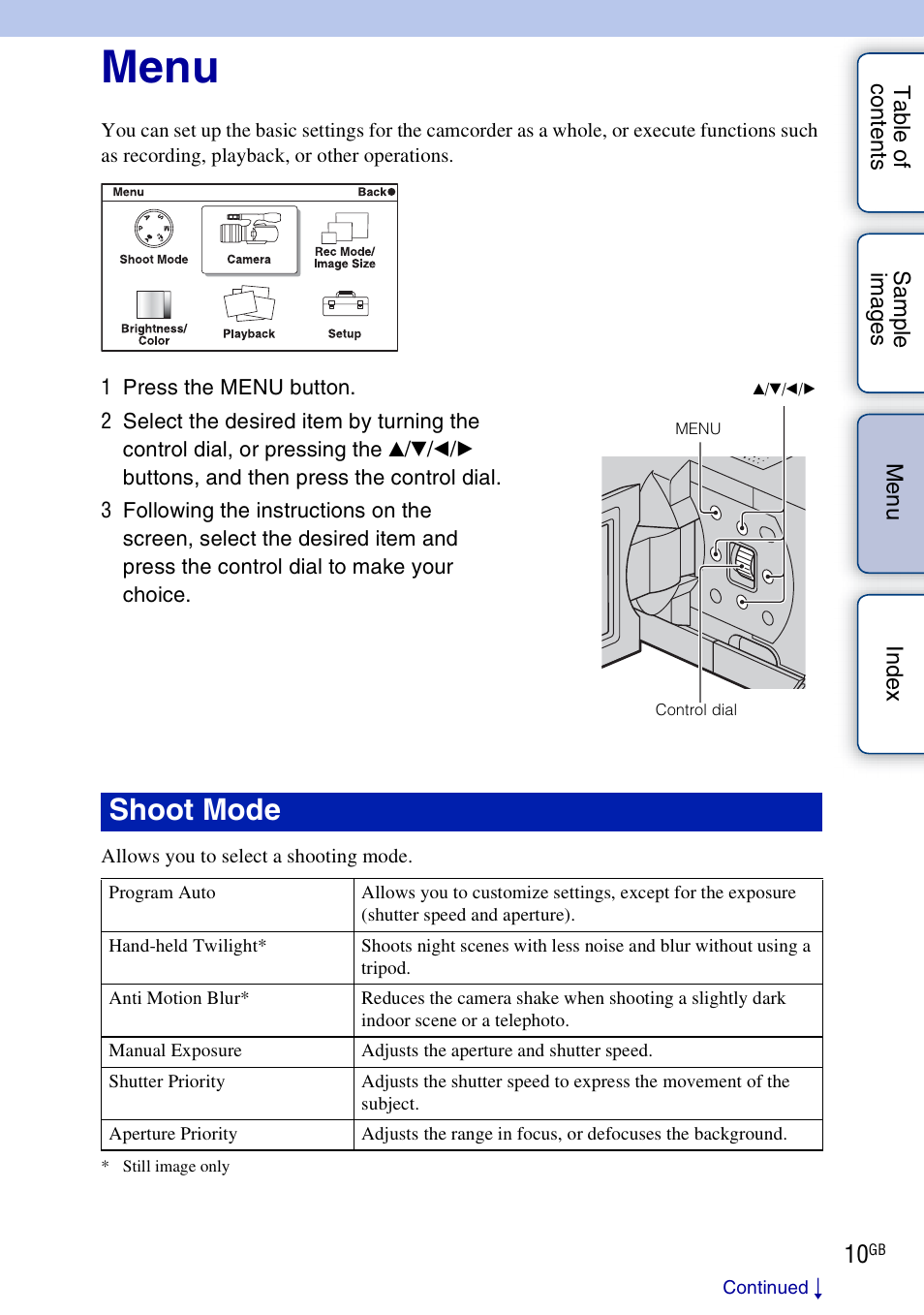 Menu, Using functions in the menu, Shoot mode | Sony NEX-VG10 User Manual | Page 10 / 95