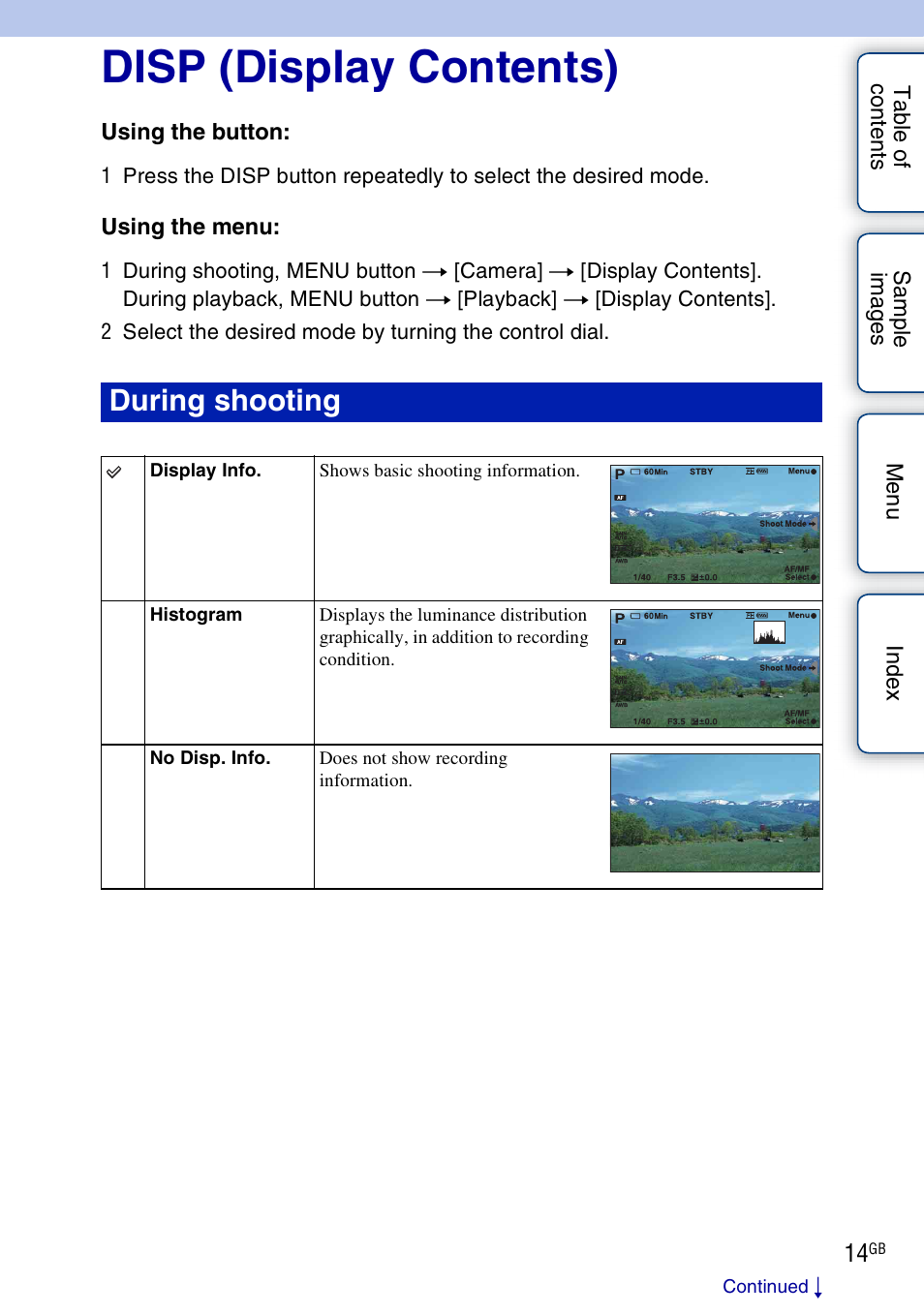 Disp (display contents), Display contents, During shooting | Sony NEX-VG10 User Manual | Page 14 / 95