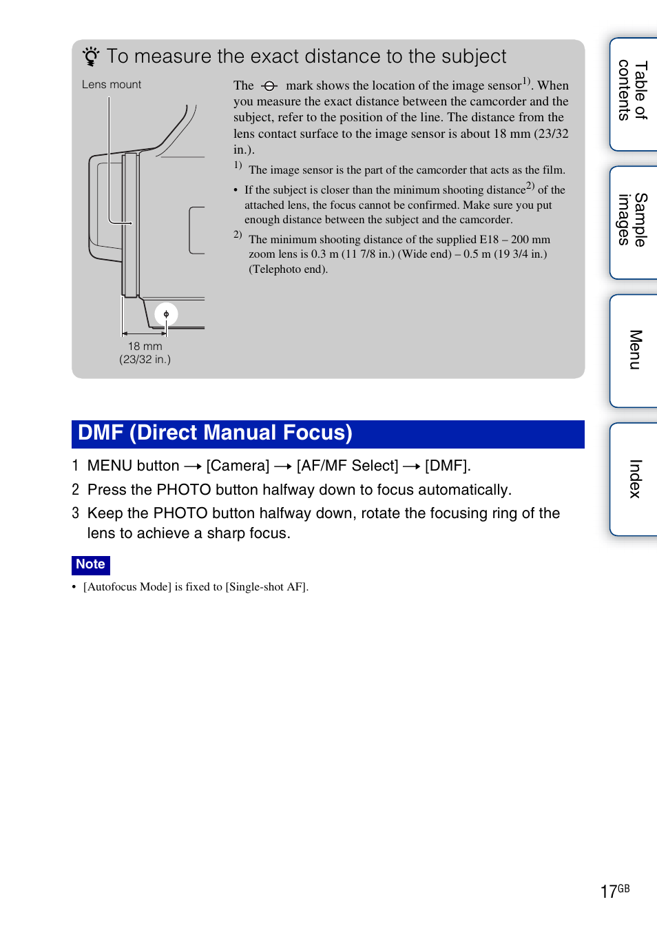Dmf (direct manual focus) | Sony NEX-VG10 User Manual | Page 17 / 95