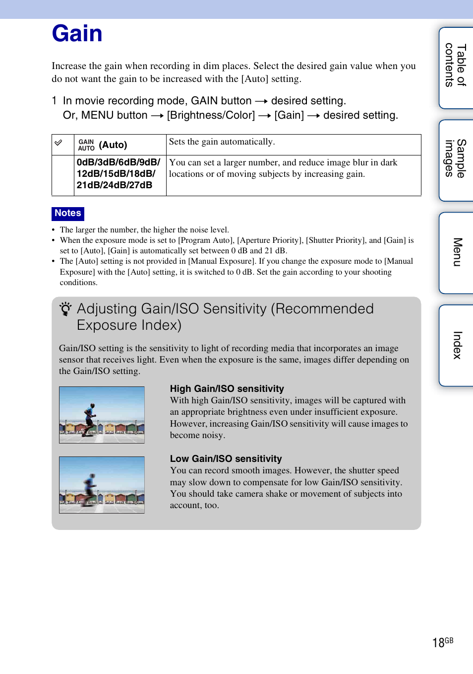 Gain | Sony NEX-VG10 User Manual | Page 18 / 95