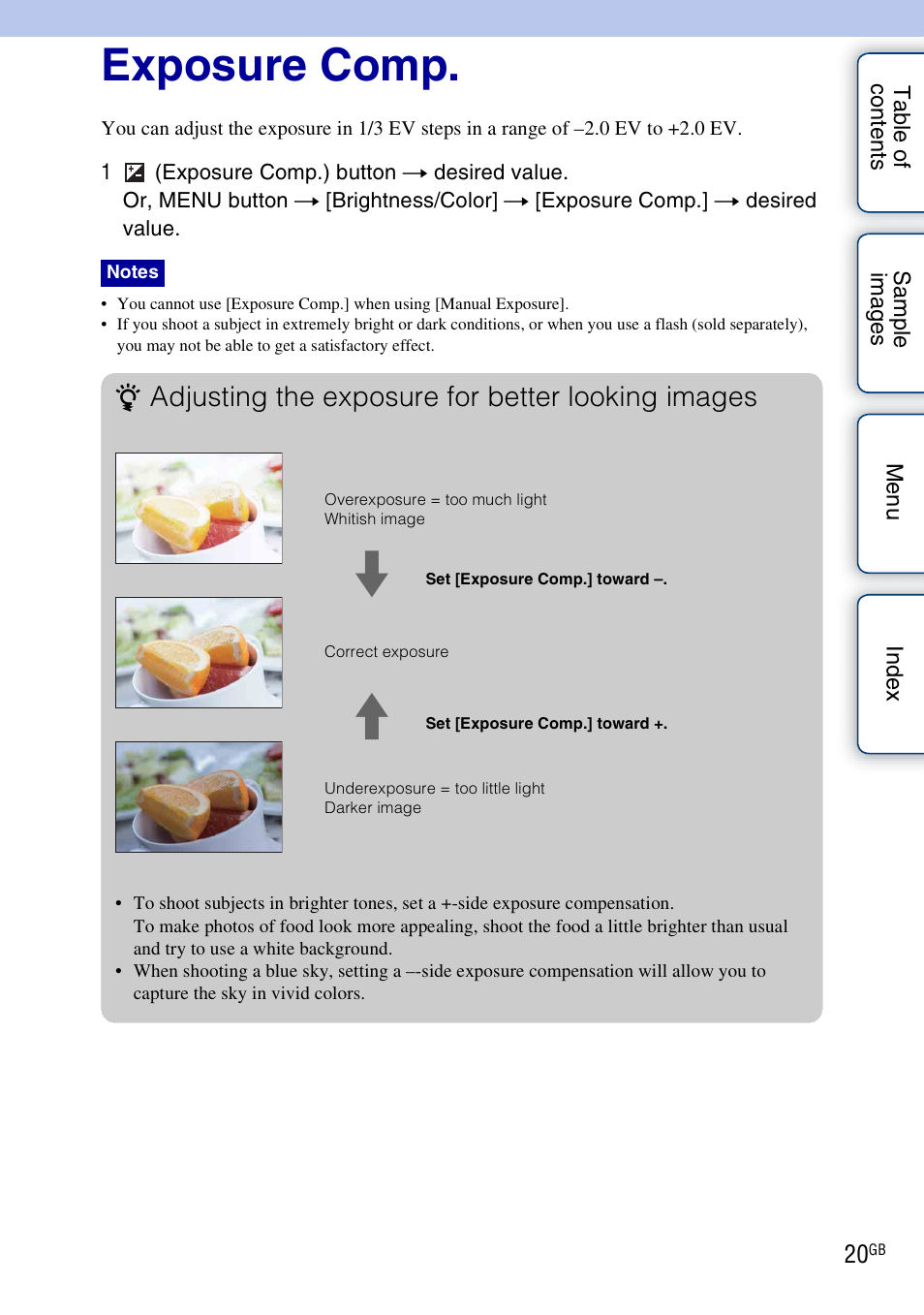 Exposure comp, Adjusting the exposure for better looking images | Sony NEX-VG10 User Manual | Page 20 / 95