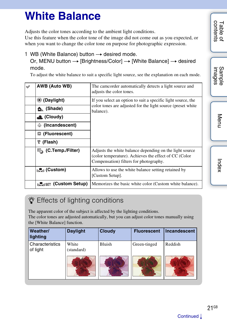 White balance, Effects of lighting conditions | Sony NEX-VG10 User Manual | Page 21 / 95