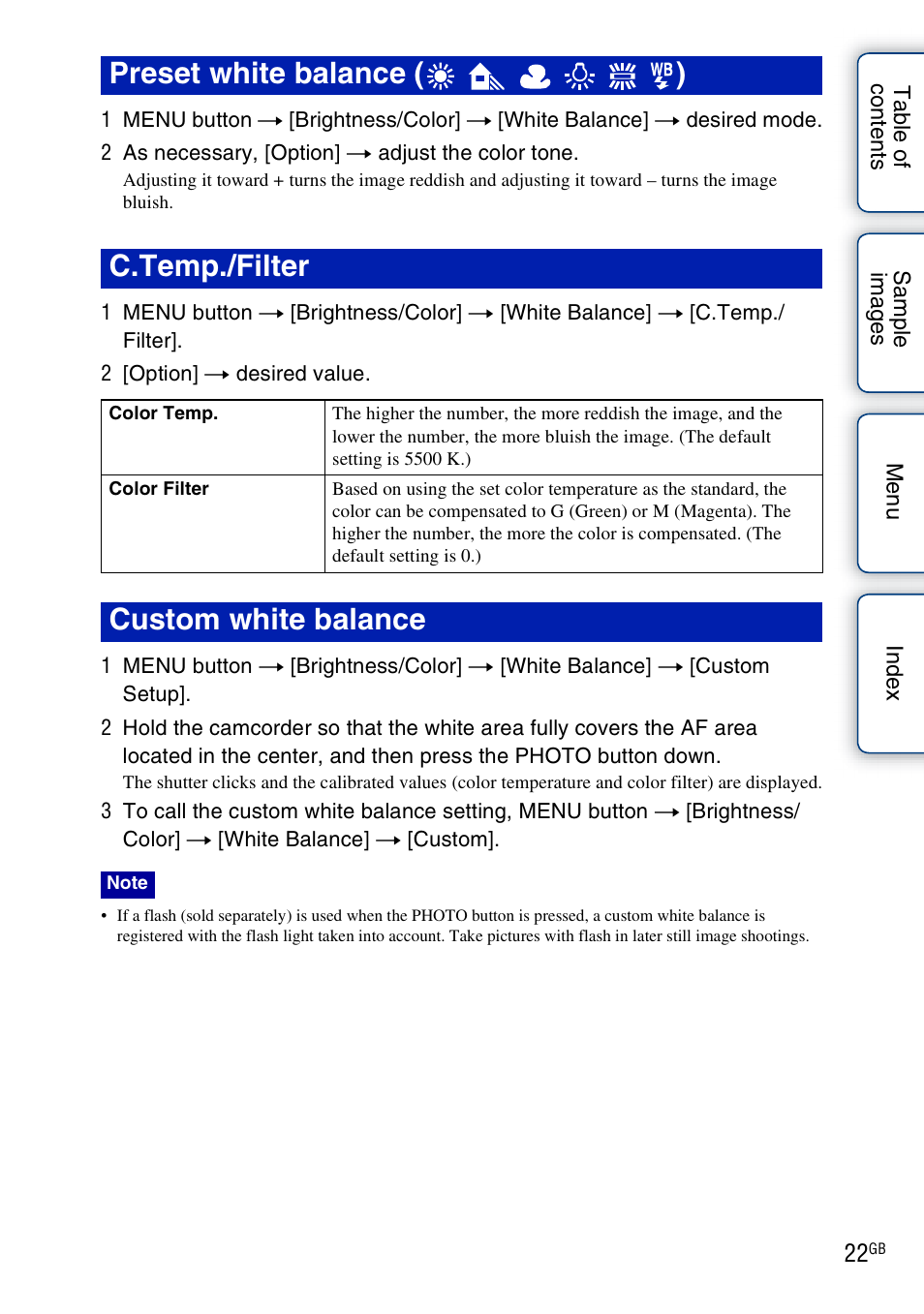 Preset white balance ( ) c.temp./filter, Custom white balance | Sony NEX-VG10 User Manual | Page 22 / 95