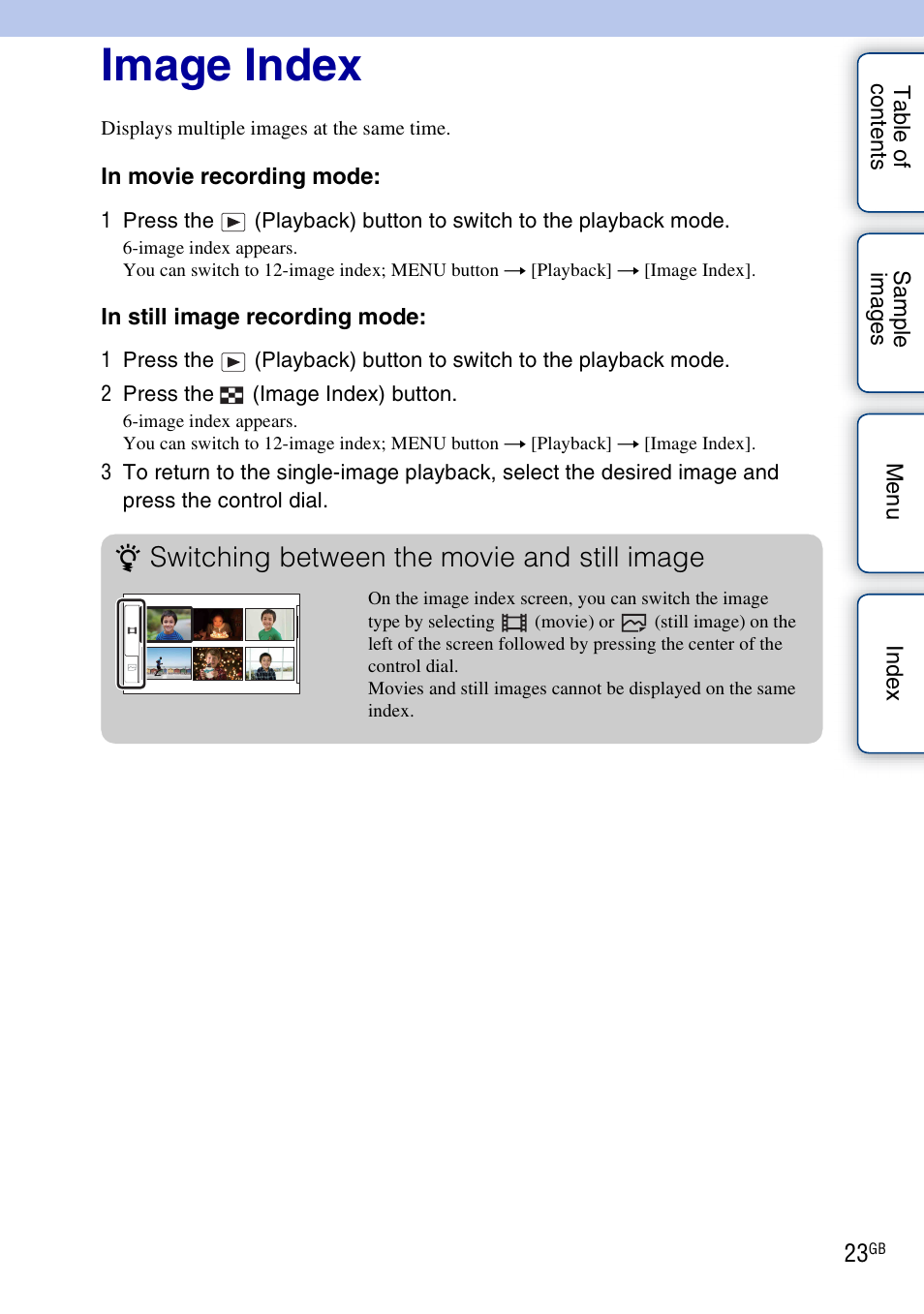 Image index, Switching between the movie and still image | Sony NEX-VG10 User Manual | Page 23 / 95