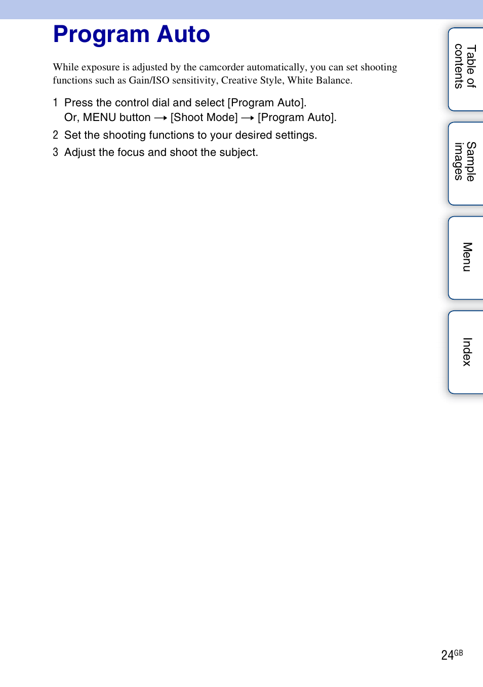 Program auto | Sony NEX-VG10 User Manual | Page 24 / 95