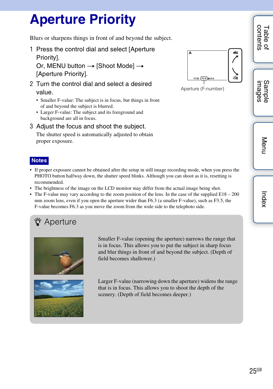 Aperture priority, Aperture | Sony NEX-VG10 User Manual | Page 25 / 95