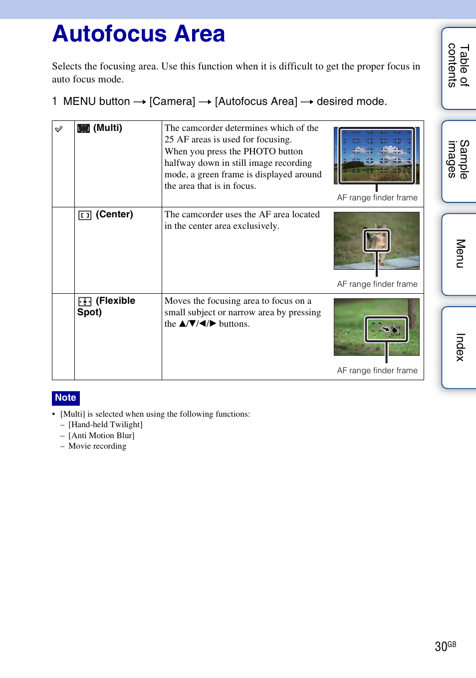 Autofocus area | Sony NEX-VG10 User Manual | Page 30 / 95