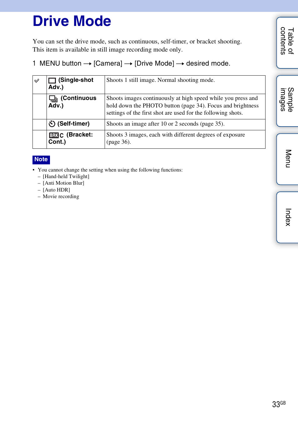Drive mode | Sony NEX-VG10 User Manual | Page 33 / 95