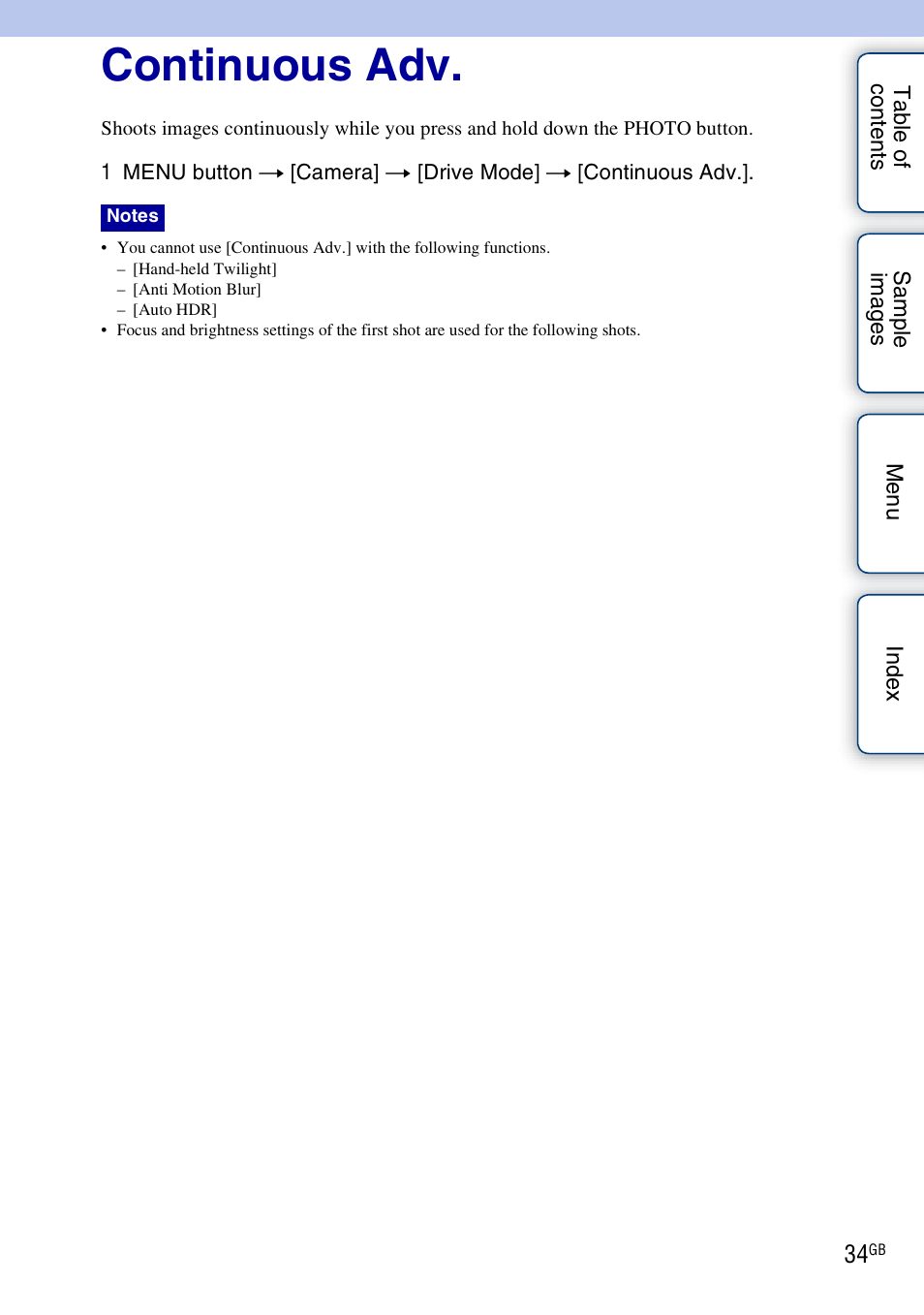 Continuous adv | Sony NEX-VG10 User Manual | Page 34 / 95
