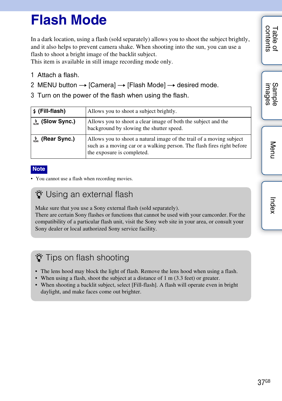 Flash mode, Using an external flash, Tips on flash shooting | Sony NEX-VG10 User Manual | Page 37 / 95