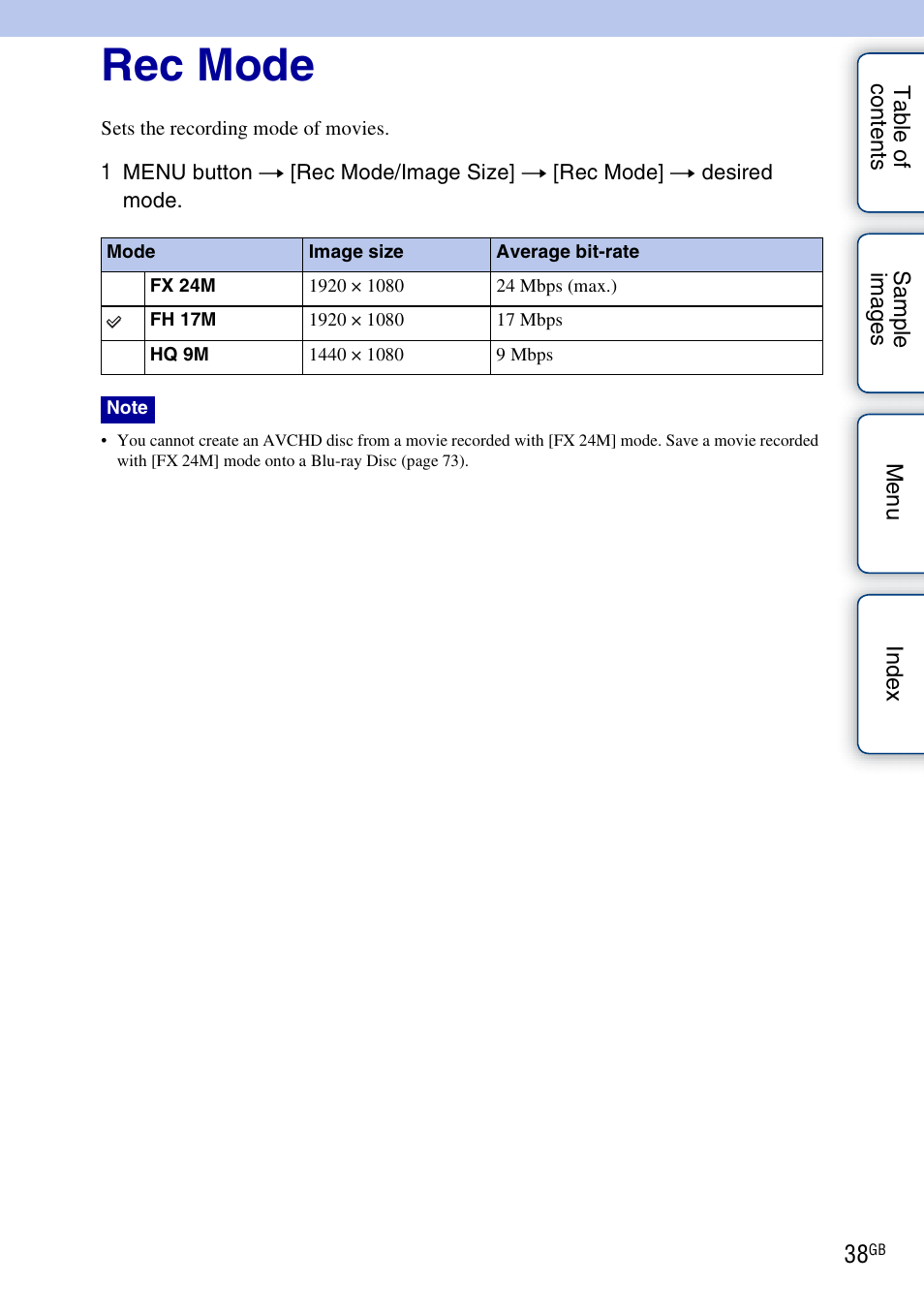 Rec mode | Sony NEX-VG10 User Manual | Page 38 / 95