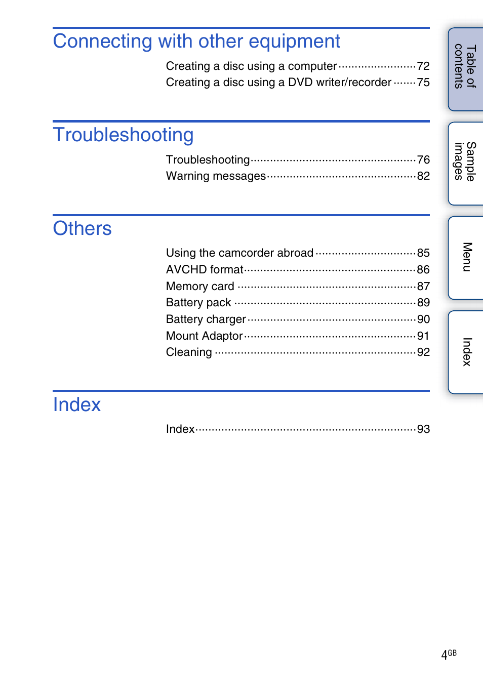 Connecting with other equipment, Troubleshooting, Others | Index | Sony NEX-VG10 User Manual | Page 4 / 95