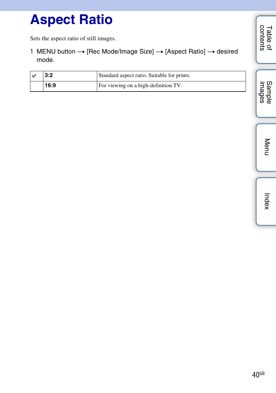 Aspect ratio | Sony NEX-VG10 User Manual | Page 40 / 95