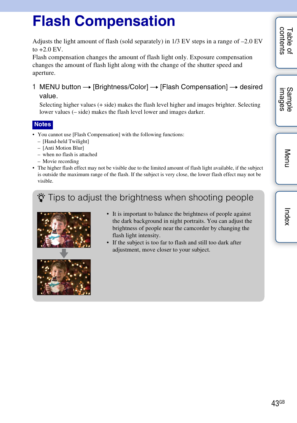 Flash compensation, Tips to adjust the brightness when shooting people | Sony NEX-VG10 User Manual | Page 43 / 95