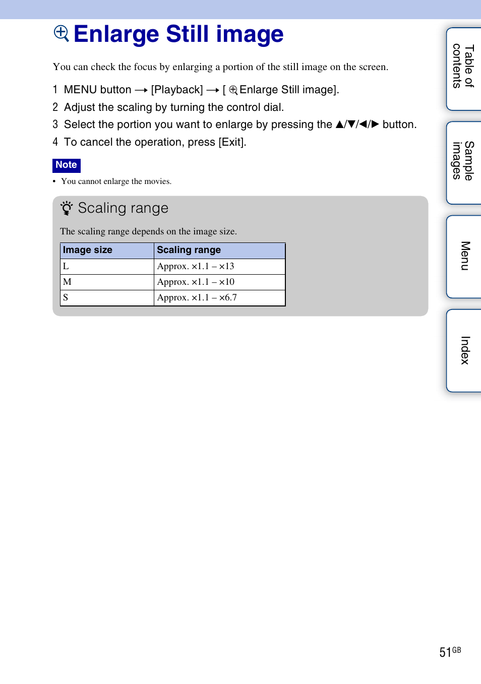 Enlarge still image, Scaling range | Sony NEX-VG10 User Manual | Page 51 / 95